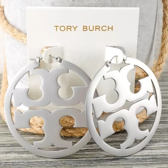 Tory Burch Large Silver Miller Logo Hoop Earrings - Picture 8 of 9